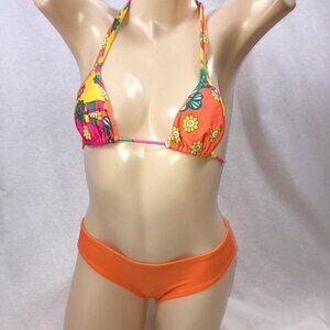 Recco Size Medium Brazilian Floral Print Bikini Top & Orange Bottom. New W/Tags.